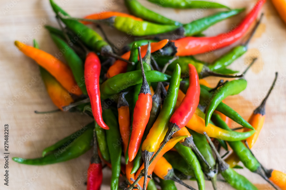 Hot chili peppers in a variety of colors