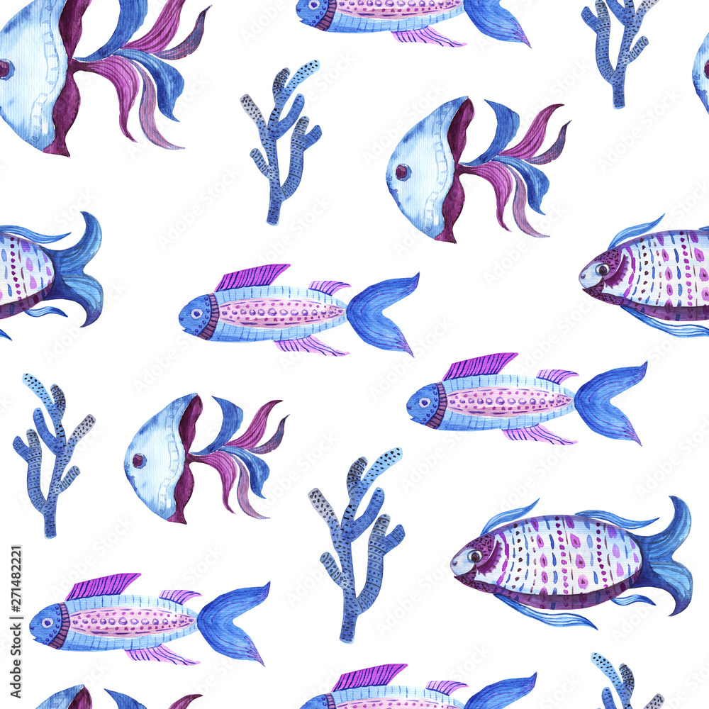 Naklejka premium Fish watercolor pattern