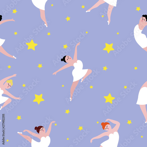 Seamless pattern with dancing ballerinas on starry night background.