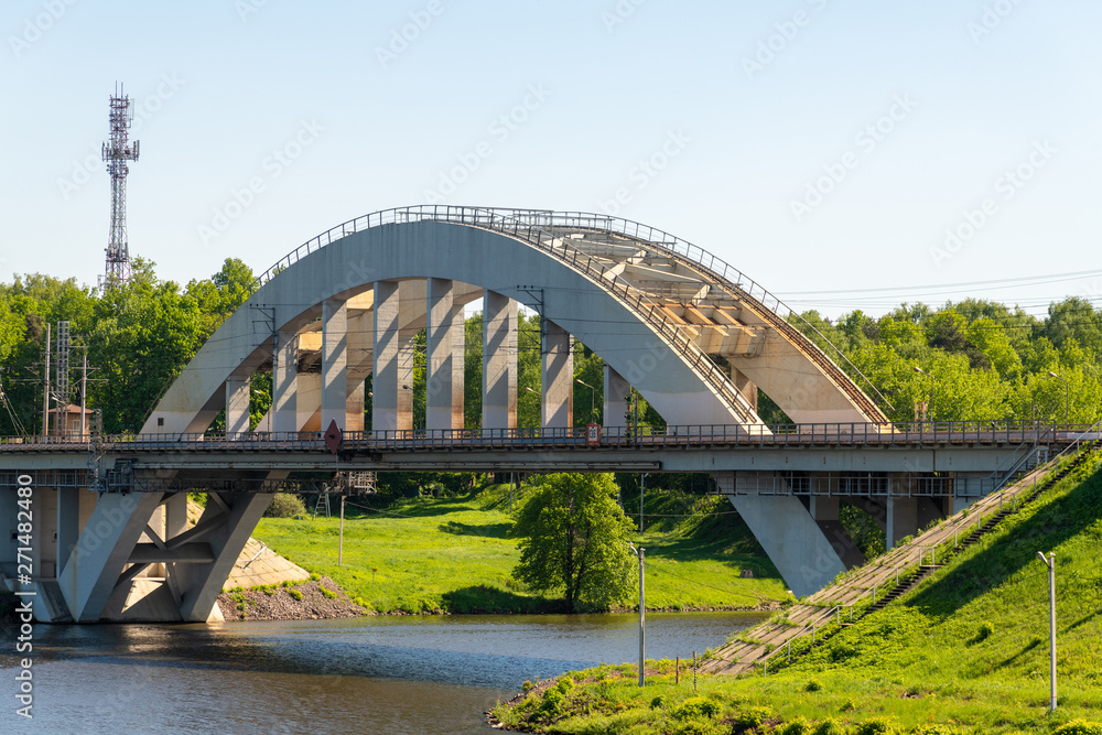 Railway bridge over the river in Khimki city, Russia