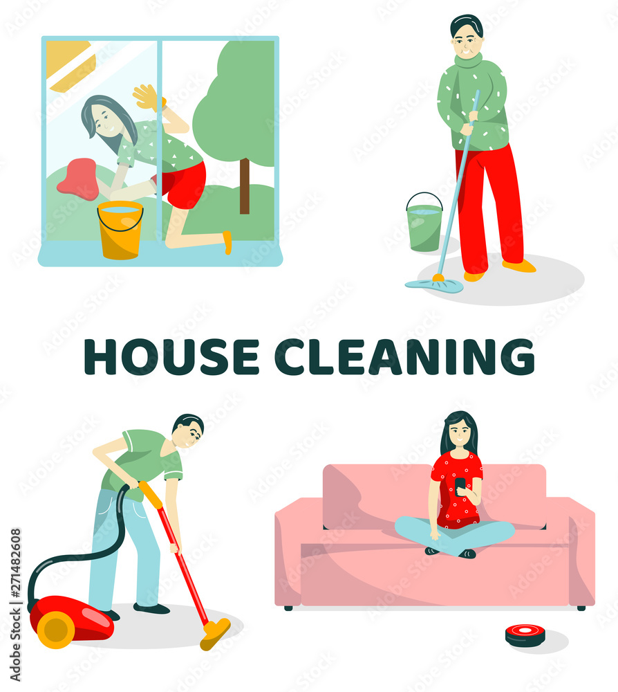 The family cleans the apartment. Dad vacuuming, mom washes the window, grandpa washes the floor, the daughter starts the robot vacuum cleaner. Vector flat set of people on a white background. - obrazy, fototapety, plakaty 