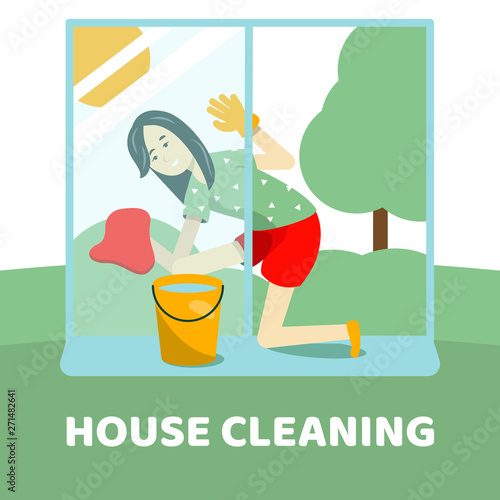 House cleaning. The girl washes the window. Vector flat cartoon style illustration.