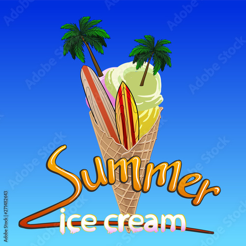 ice cream with palm trees and surfboards. and the inscription summer ice cream
