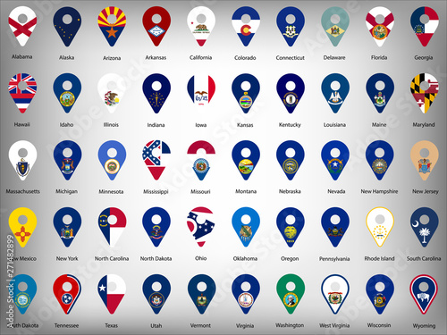 USA American fifty states  flags - alphabetical order with name.  Set of geolocation signs like flags of states USA.  United States of America. Geolocation signs for your web site design, logo, app, U