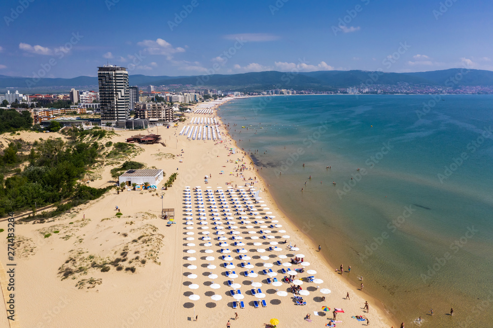 Aerial view to the beach of sea resort Sunny Beach, Bulgaria - obrazy, fototapety, plakaty 