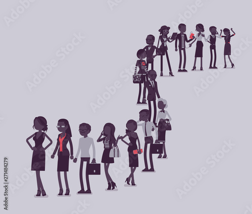 Group of diverse people queuing in a long line. Members of different nations, sex, various age and jobs standing together waiting. Vector illustration with faceless characters