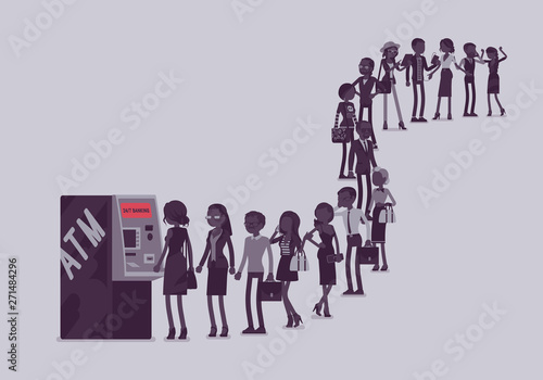 Group of people queuing in a line near ATM. Members of different nations, sex, age, jobs standing together waiting for bank service. Vector illustration with faceless characters