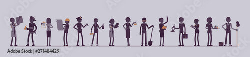 Different male, female professions and business. Working people, in occupation standing together, employee union, career. Vector illustration with faceless characters, full length