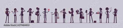 Different female professions and business. Working people, women in occupation standing together, employee union, career. Vector illustration with faceless characters, full length