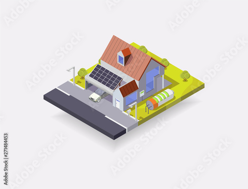 solar house vector isometric illustration, house with battery and solar panels