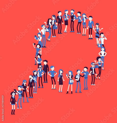 Group of people making magnifier shape. Members of different nations, sex, age, jobs standing together forming social research symbol. Vector illustration with faceless characters, full length