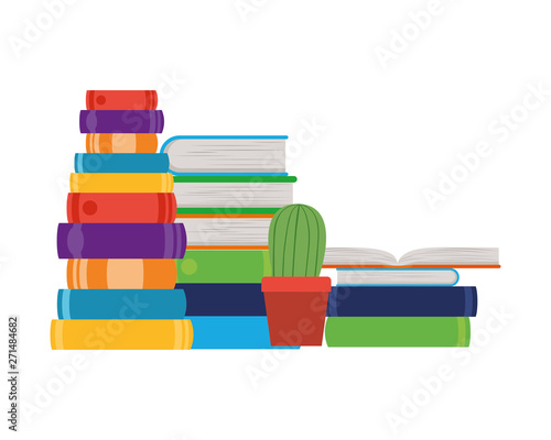 stack of books with houseplant on white background