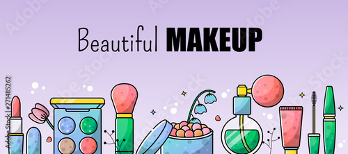 Accessories set for a beautiful make-up. Mascara, foundation, eye shadow, lipstick. Vector banner for a site with isolated objects and place for text.