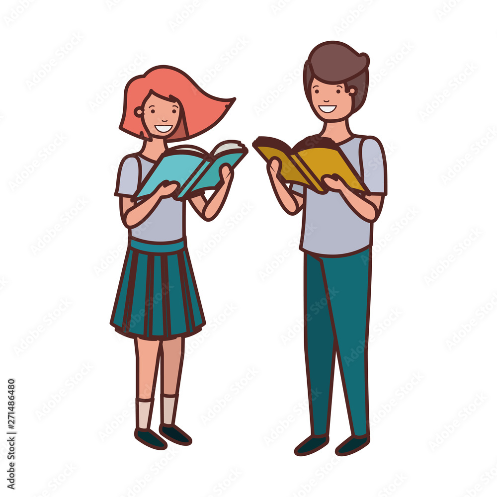 couple of student with reading book in the hands