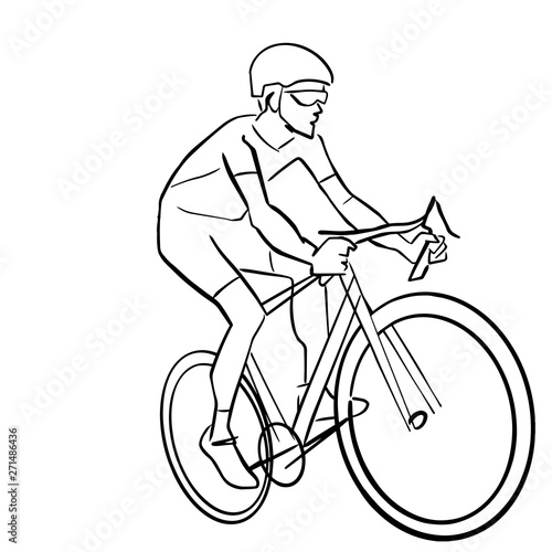 Single male bicyclist on bicycle. Abstract isolated contour. Hand drawn outlines. Black line drawing. Cycling race illustration. Vector silhouette.