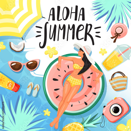 Set of summer elements. Women floating and sunbathing on inflatable ring. Stylish typography slogan design "Aloha summer" sign. Summer rest and vacation concept. Vector illustration.