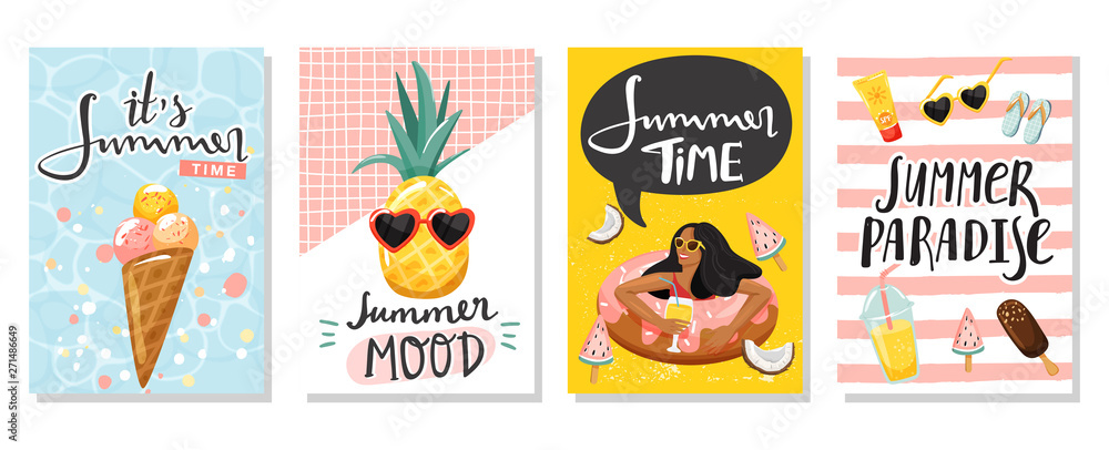Set of summer greeting cards. Women floating on swim ring, ice cream, cute pineapple, lemonade, etc. Summer rest and vacation concept. Vector illustration.