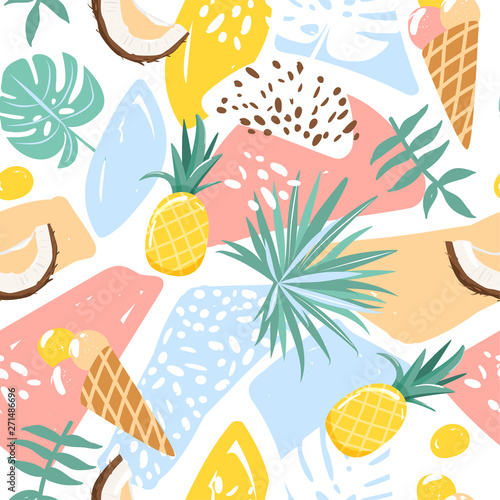 Modern seamless tropical summer pattern with ice cream, coconut, pineapple,various leaves and abstract elements. Creative contemporary floral collage. Texture for textile, wrapping paper etc. Vector.