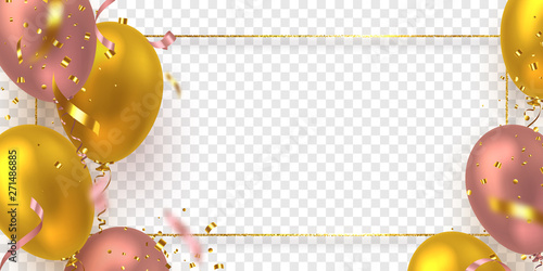 Glossy balloons in pink and golden colors with confetti and glitter frame. Vector decorative elements for holiday backgrounds or birthday party. Isolated on transparent background.