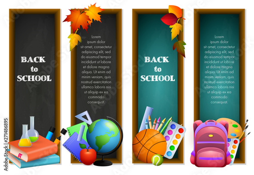Back to school banners with sport balls, artist paints, backpack, globe. Set of vertical banners with school supplies and text samples. Vector illustration can be used for posters, flyers, ads, signs