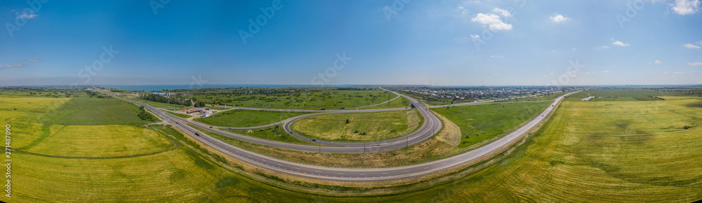 Panorama of transportation highway overpass, ringway, roundabout in Krasnodar, Russia