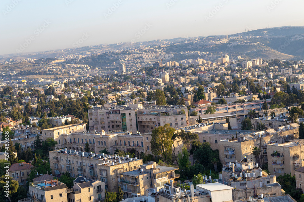 Panorama of roofs, houses, roads of Jerusalem