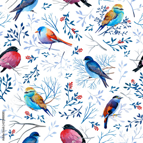 Gouahe seamless pattern with bright birds on branches with leaves