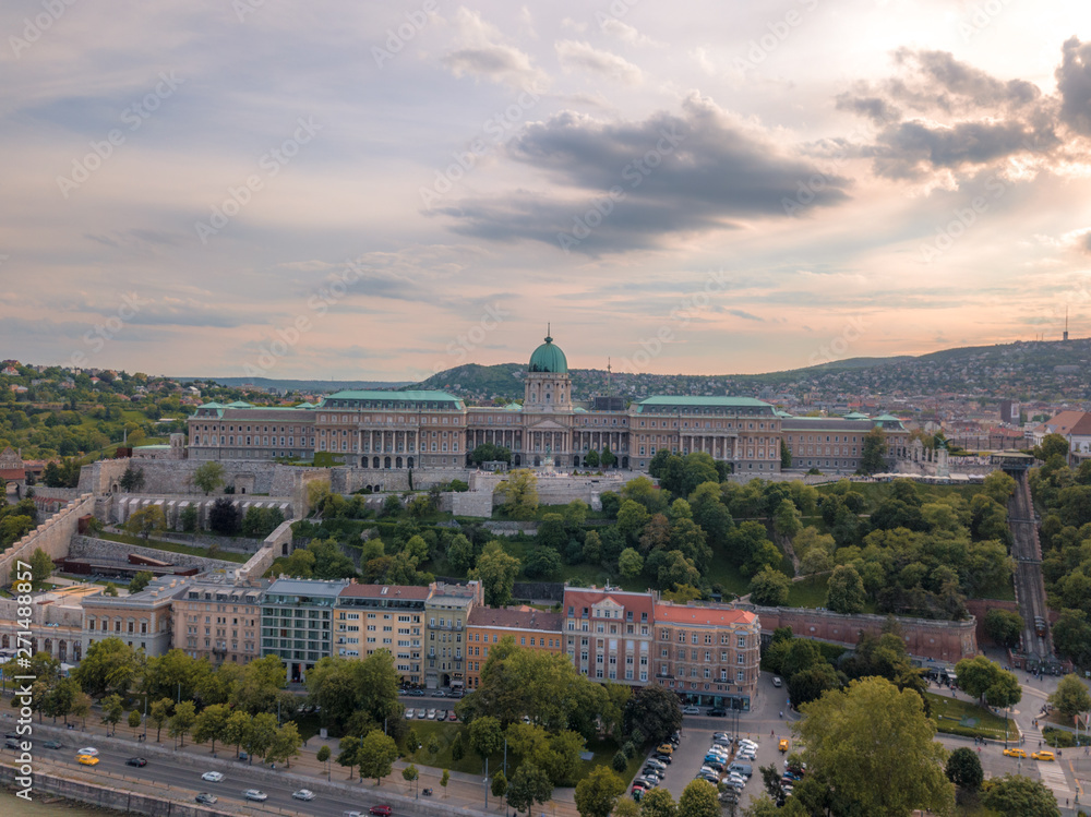 Aerial of Danube river panorama with a view on Buda castle and Chain Bridge in central Budapest