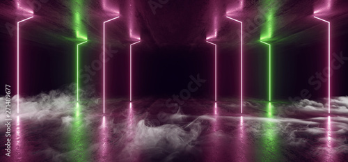 Fototapeta Naklejka Na Ścianę i Meble -  Smoke Future Neon Lights Graphic Glowing Purple Green Vibrant Virtual Sci Fi Futuristic Tunnel Studio Stage Construction Garage Podium Spaceship Night Dark Concrete Grunge 3D Rendering