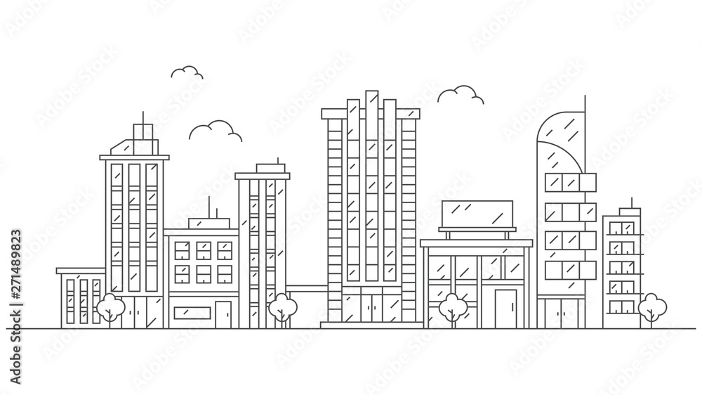 Thin line style city panorama. Illustration of urban landscape with skyline city office buildings