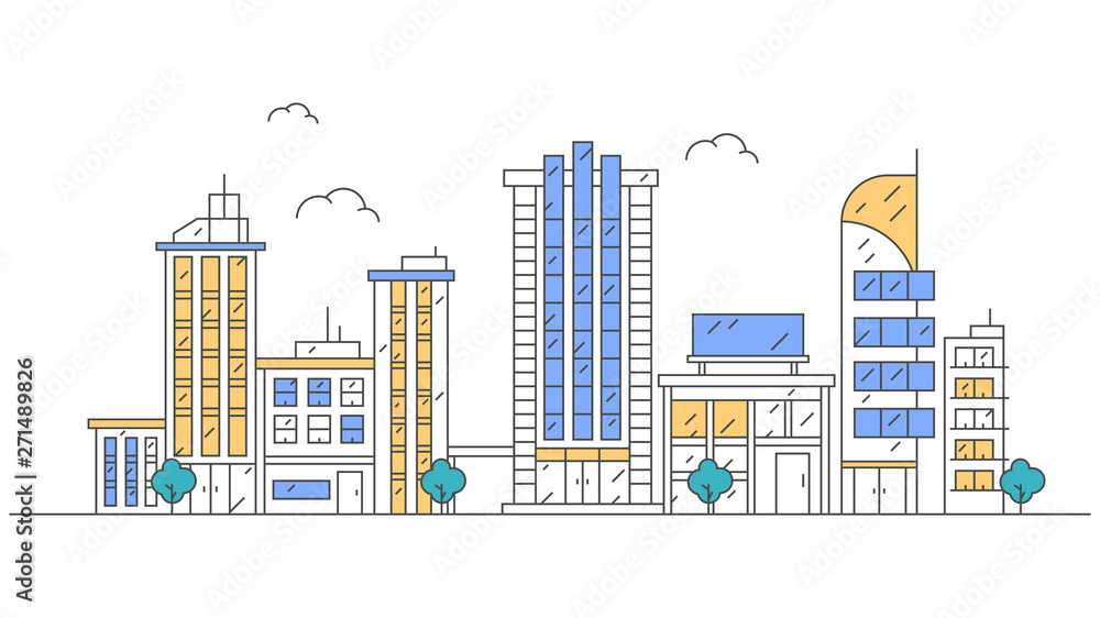 Thin line style city panorama. Illustration of urban landscape with skyline city office buildings. Outline cityscape.