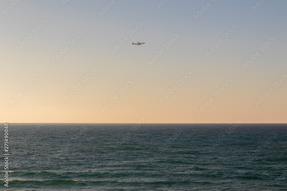 Landscape, beach, sea, sand, flying plane, at sunset