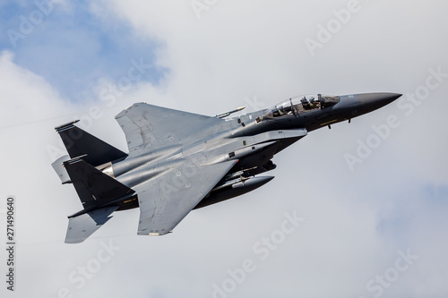 F-15E Strike Eagle assigned to the 492d Tactical Fighter Squadron launching for a training sortie from RAF Lakenheath in April 2019. photo