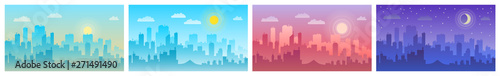Daytime cityscape. Morning, day and night city skyline landscape, town buildings