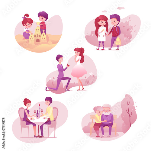 Romantic relationship stages illustrations set isolated on white background