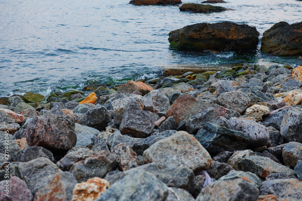 sea landscape at sunset, stone coast and beautiful sky sea landscape at sunset, stone coast and beautiful sky