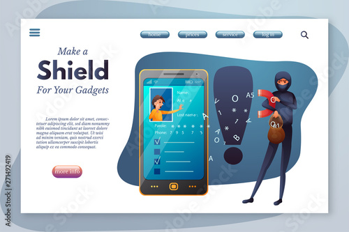 Make a shield for you gadget landing page template. Identity theft abstract flat vector illustration isolated on white background