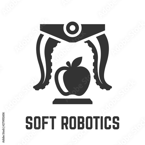 Soft robotics icon with flexibility manipulator takes an apple glyph symbol.