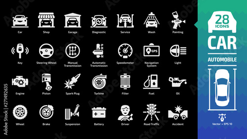 Car icon set on a black background with basic automotive symbols: automobile, auto service, wash & shop, vehicle repair, steering wheel, manual & automatic transmission and more glyph sign.
