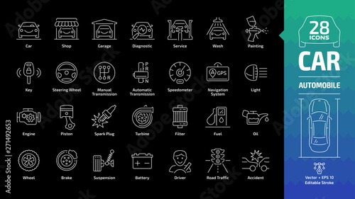 Car outline icon set on a black background with basic automotive symbols: automobile, auto service, wash & shop, vehicle repair, speedometer, nevigation system, light and more editable stroke sign.