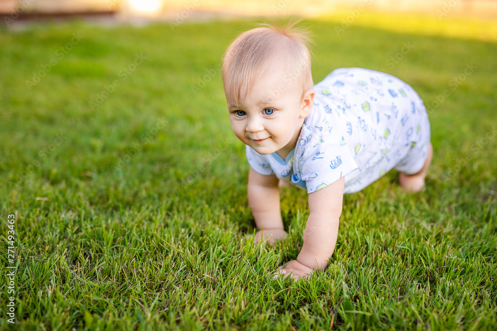 Summer portrait of happy funny baby boy outdoors on grass in field. Child learning to crawl Summer portrait of happy funny baby boy outdoors on grass in field. Child learning to crawl