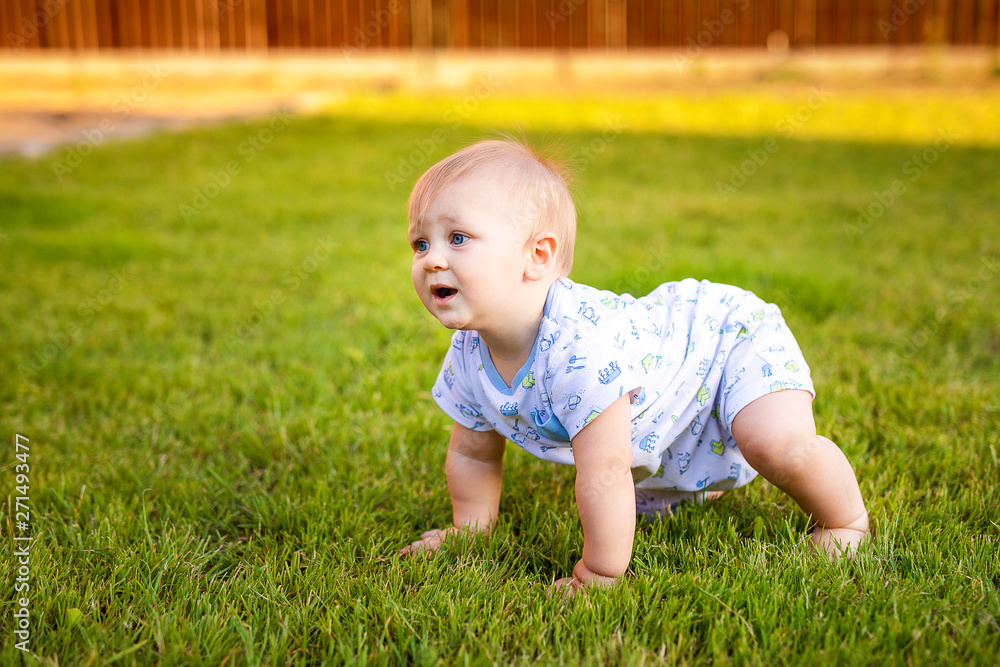 Summer portrait of happy funny baby boy outdoors on grass in field. Child learning to crawl Summer portrait of happy funny baby boy outdoors on grass in field. Child learning to crawl