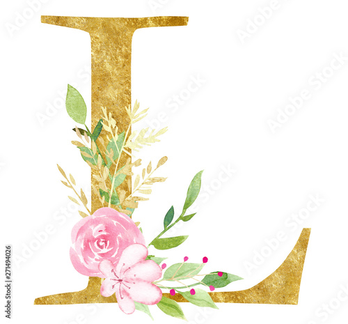 Quadro su tela Capital L letter with flowers raster illustration