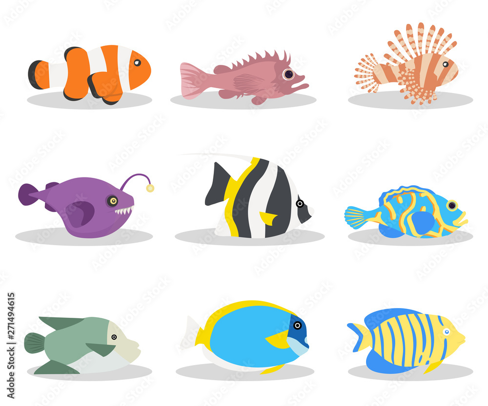Exotic ocean fish flat vector illustrations set Exotic ocean fish flat vector illustrations set