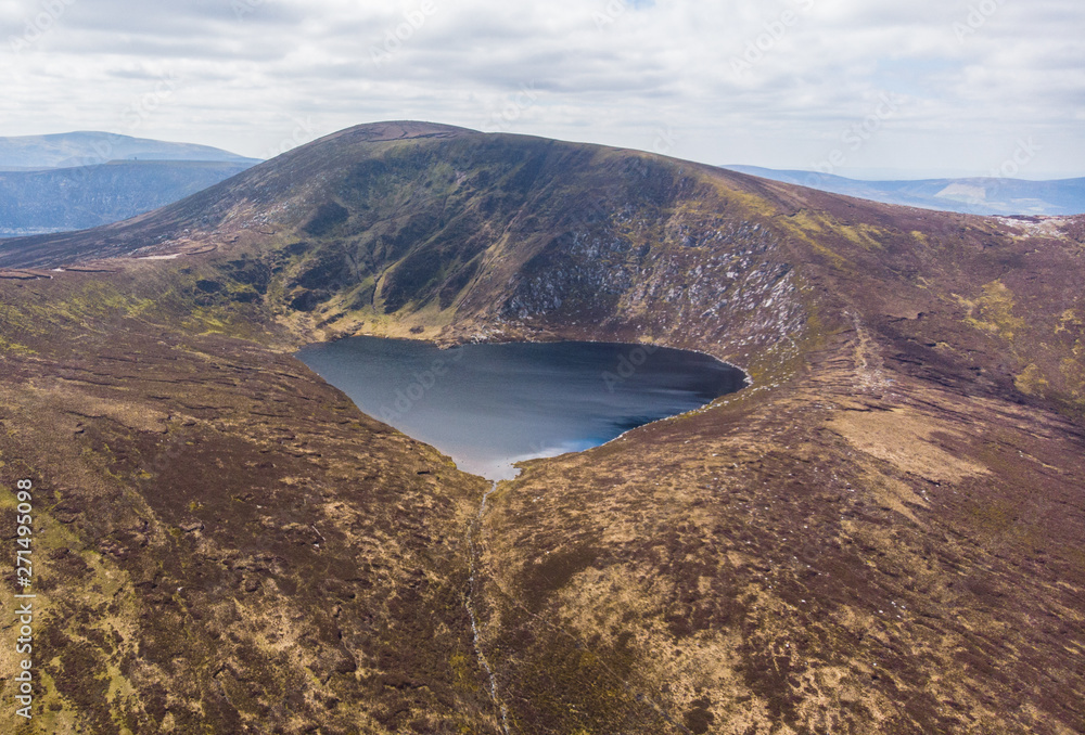 Aerial shot of lough ouler in the Wicklow Mountains