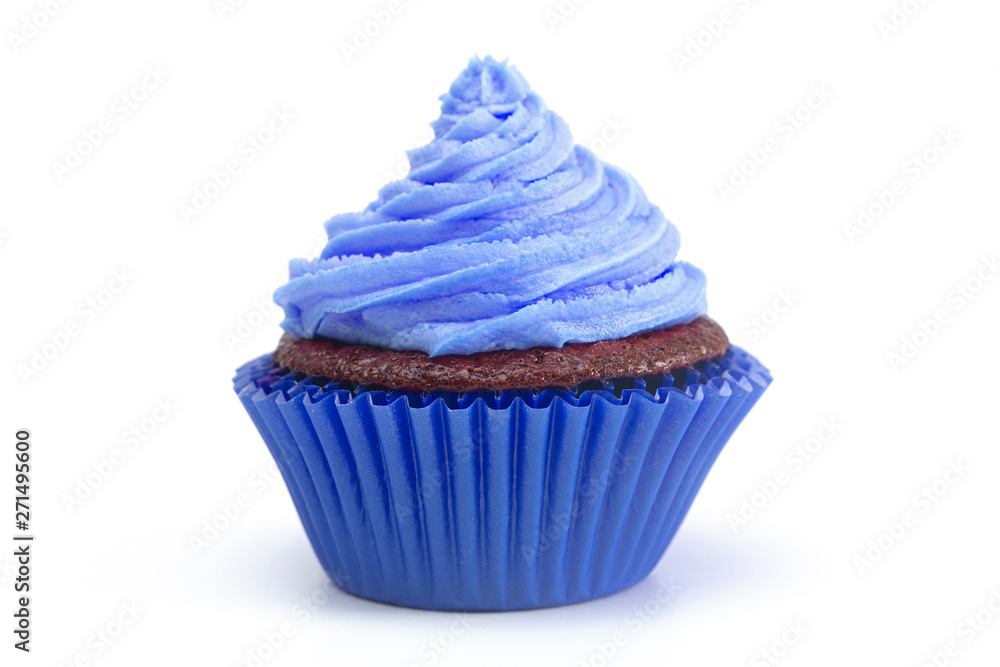 A Single Blue Iced Chocolate Cupcake Isolated on a White Background A Single Blue Iced Chocolate Cupcake Isolated on a White Background
