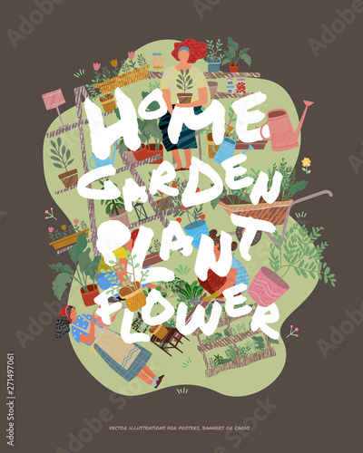 Vector abstract background from illustrations for poster, banner or card on the theme of garden, plants, home and flowers.