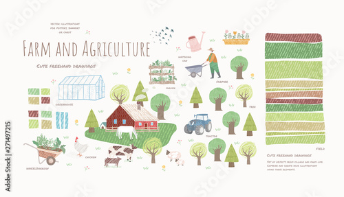 Farm and agriculture. Vector cute illustrations of village life and objects for a poster, banner or postcard, freehand drawings of people, animals, trees, traсtor and house for background and pattern
