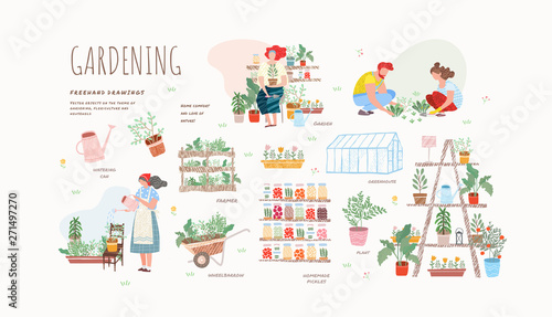 Garden, flowers and plants at home and outdoor.Vector drawn illustrations of plants in pots, people in garden beds, woman watering a flower for posters or cards