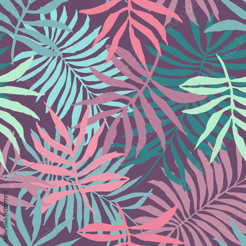 Pale colors seamless pattern with overlap mess of hand drawn fern tropical leaves. Trendy exotic plants texture for textile, wrapping paper, surface, wallpaper, background